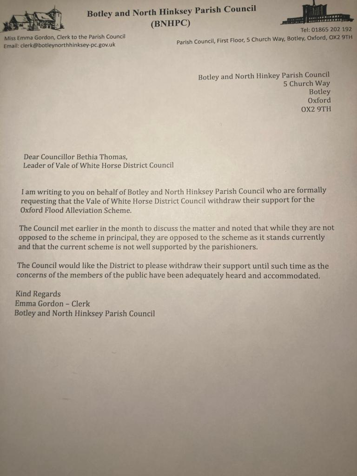 Letter from NH Parish Council to VWHDC